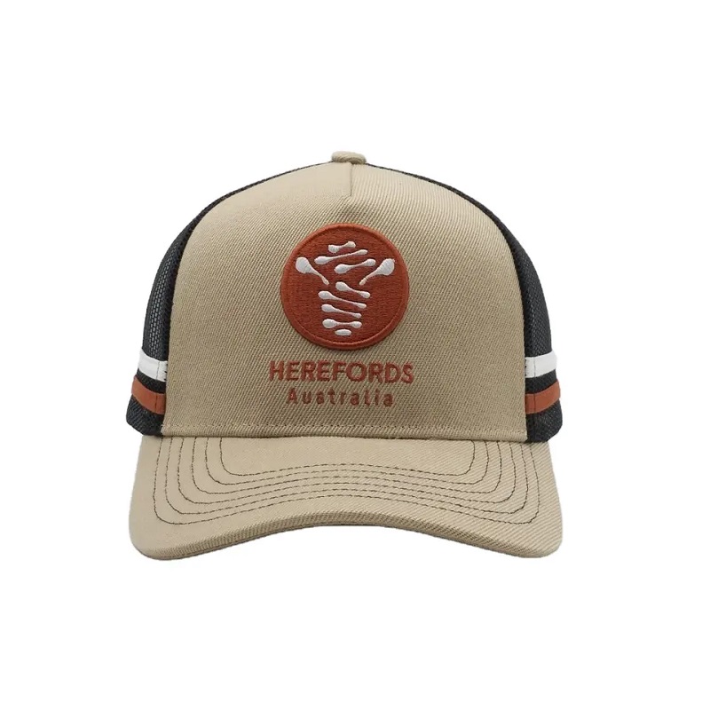 Anpassad högprofilerad australisk country trucker mössor, 2 sidor rand mesh trucker cap, randig trucker ha