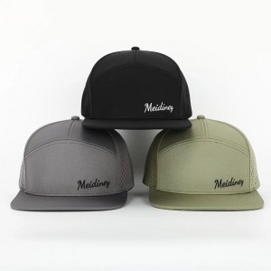 OEM Custom High Quality Brodery Logo Luxury 7 Panel Snapback Cap Vuxen Flat Bill Snap Back Hat With Laser Cut Holes
