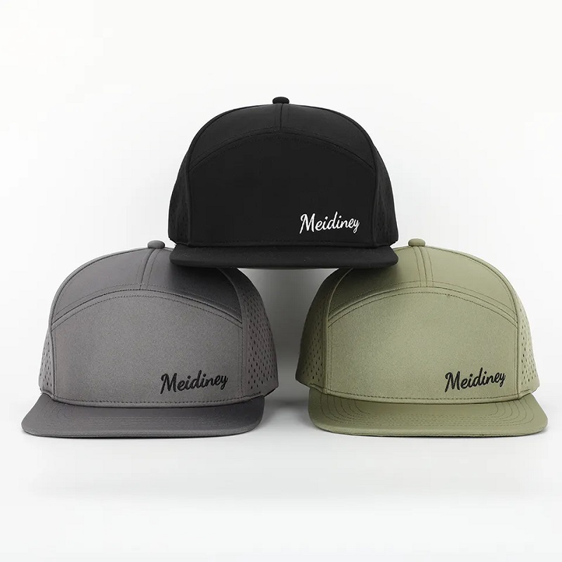 OEM Custom High Quality Brodery Logo Luxury 7 Panel Snapback Cap Vuxen Flat Bill Snap Back Hat With Laser Cut Holes